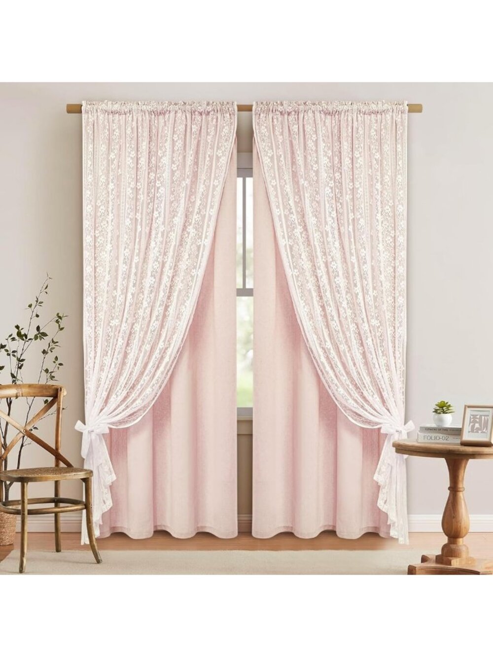 Elegant Pink Linen Curtains, Double Layered 84" Drapes, 2 Panels Set, Light